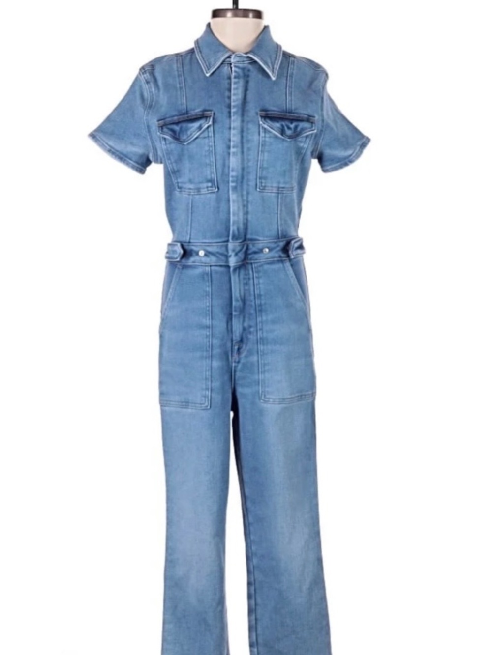 Good American Jumpsuit Womens 1 Light Blue Denim Short Sleeve Zip Front Utility